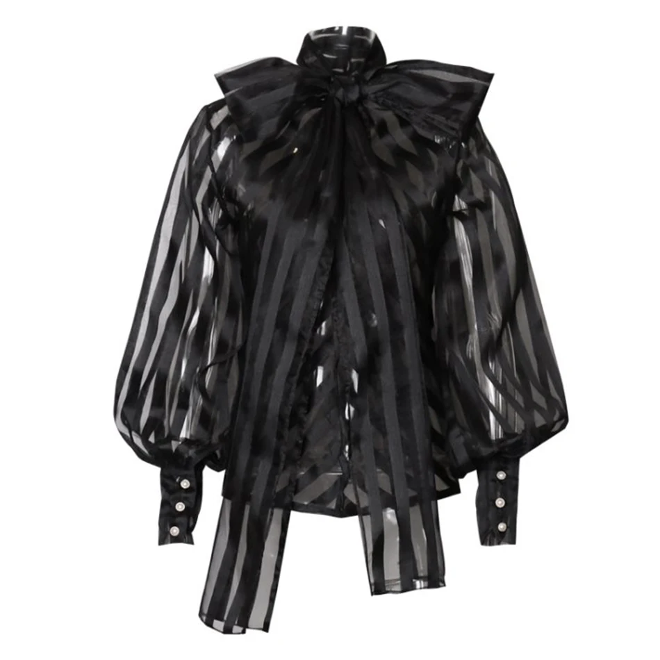 Female Bow Collar Lantern Long Sleeve Loose Lace Up Women's Shirts Sexy perspective streetwear Clothing 2021 New Fashion Tide | Женская