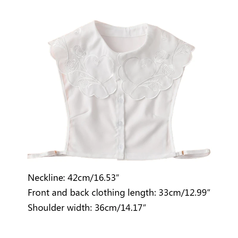 

Korean Style Women Chiffon Detachable Half Shirt Shawl Vintage Rose Floral Embroidery Lapel False Fake Collar Button Decorataive