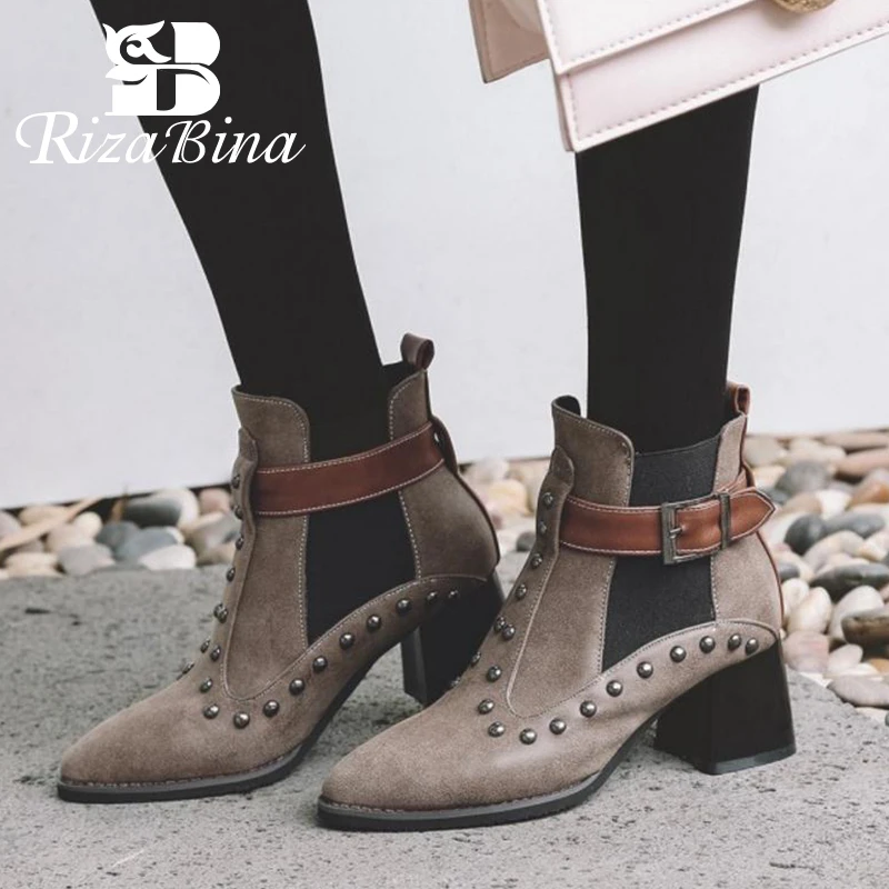 RIZABINA/женские ботильоны размера плюс 32-48; Новинка года; модная зимняя обувь на высоком каблуке с пряжкой и заклепками; женская офисная обувь в стиле ретро