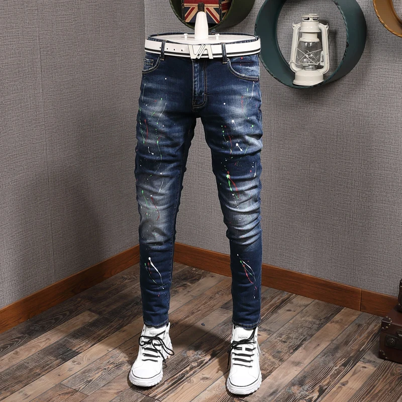 European American Street Style Fashion Men Jeans Retro Blue Slim Fit Painted Designer Jeans Men Hip Hop Cotton Denim Punk Pants