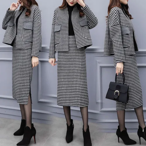 Шерстяной комплект из 2 предметов Женский с юбкой клетчатый двух корейский