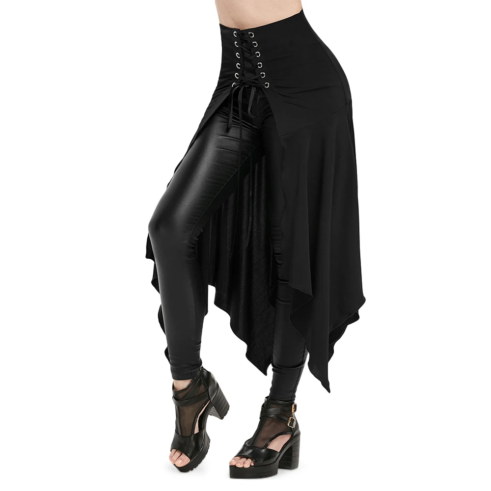 Женская длинная юбка на шнуровке готическая с разрезом спереди трапециевидная