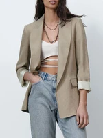 za summer new style womens all match casual loose linen casual suit jacket with printed cuffs