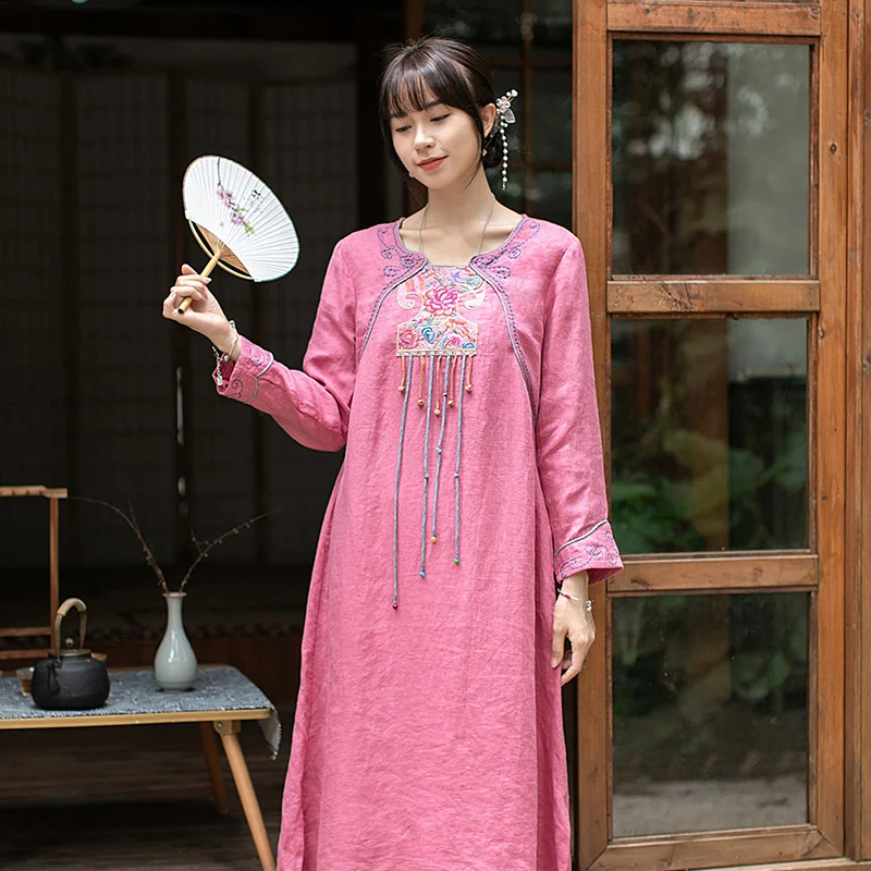 S21l31 disc button women's long sleeved Tang style linen dress mid autumn Chinese embroidered tea |