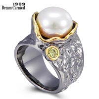 dreamcarnival1989 blooming hot design pearl rings for women creative wedding engagement gothic jewelry black gold color wa11777