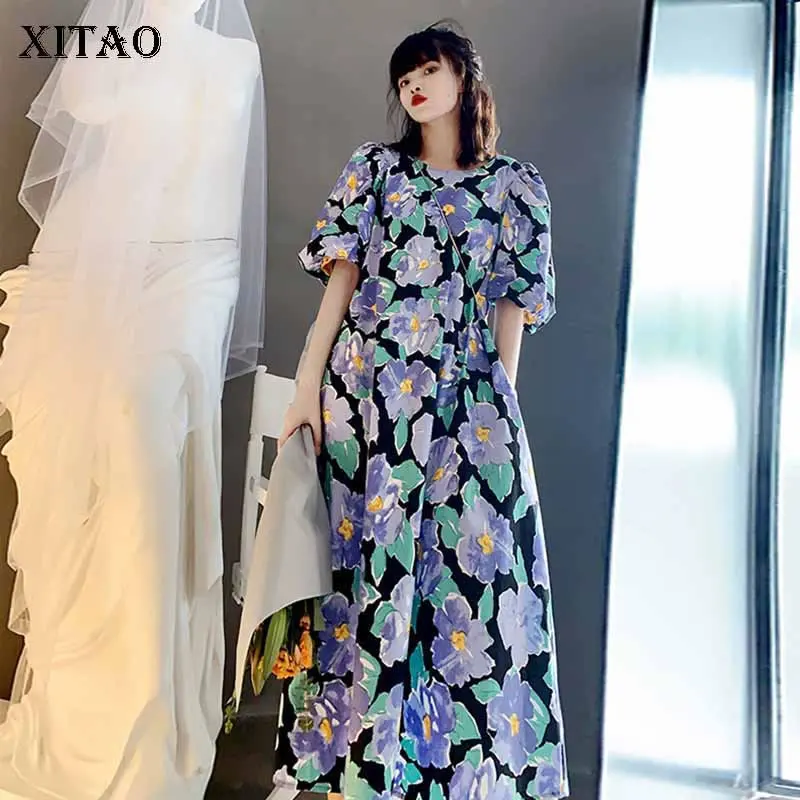 

Женское платье с принтом XITAO, винтажное платье контрастного цвета с цветочным узором, круглым вырезом и пышными рукавами, модель WMD1798
