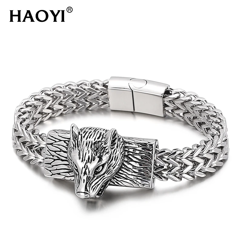 

12mm 3 Colors Rock Viking Wolf Charm Bracelet Men's Stainless Steel Mesh Chain Gold Wolf Punk Bracelets Biker Jewelry