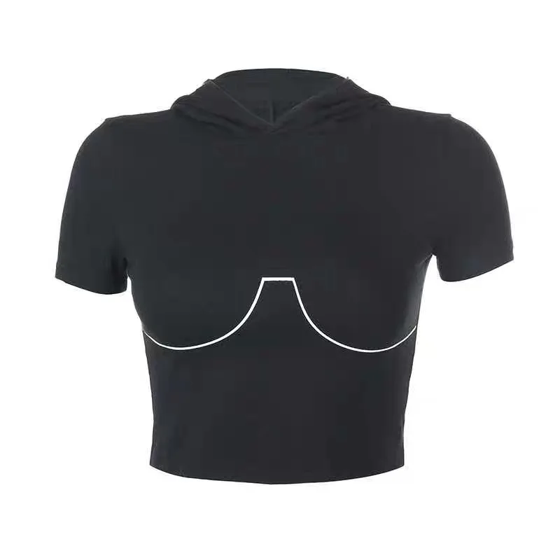 

Summer skinny hooded short sleeve top women's short open navel fashion street sports T-shirt contrast black