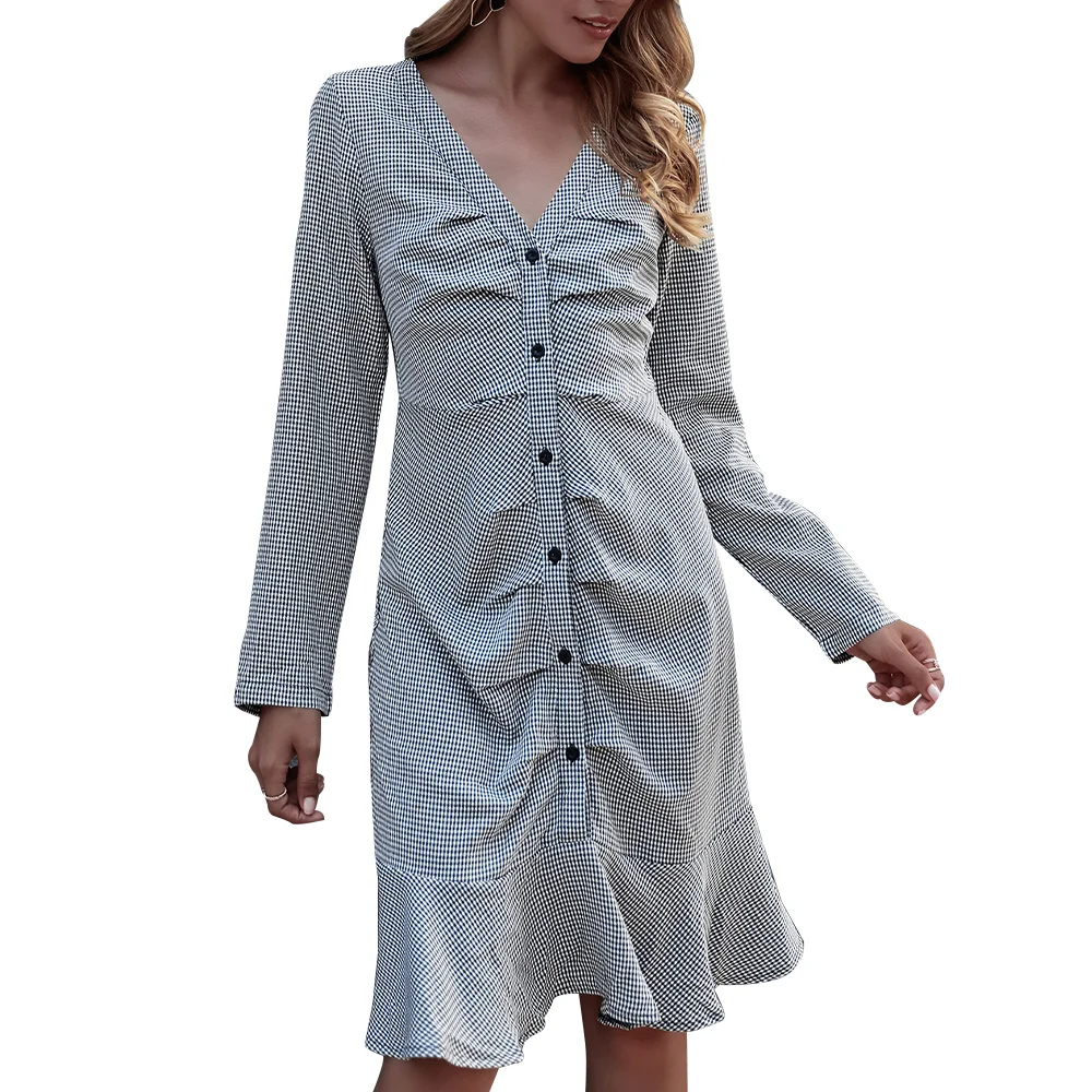 

VICABO Women Dresses Plaid Button Up Long Sleeve Female Vestidos V Neck Ruffle High Waist Mini Dress