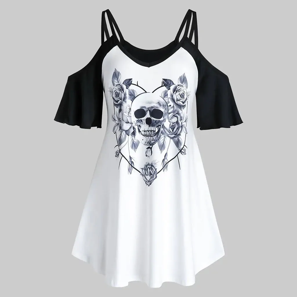 Женская летняя футболка с открытыми плечами принтом в виде черепа и цветов