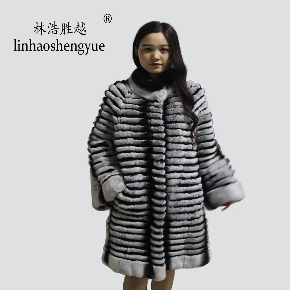 Linhaoshengyue 2020 Real Fur 90cm  Lenght Rabbit Fur Women Coat  Fashion Warm  Winter  Freeshipping