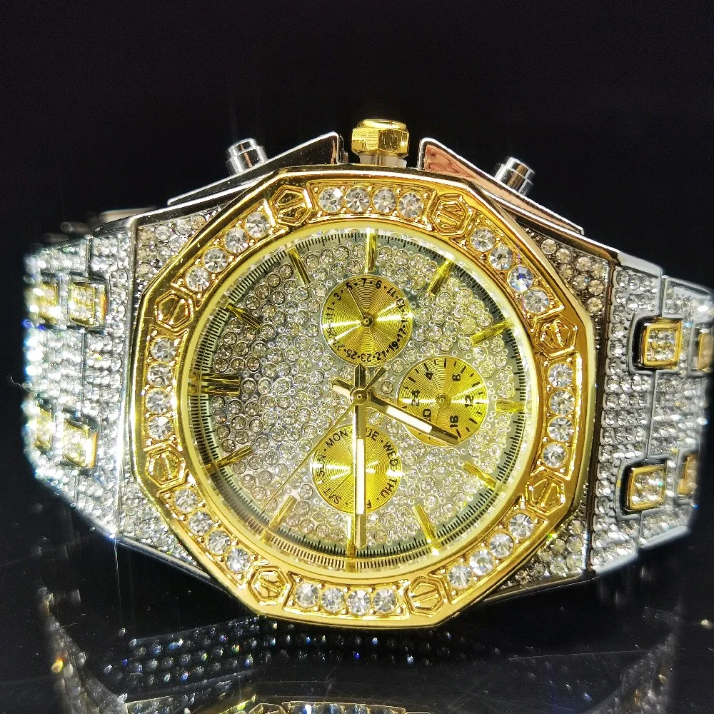 

MISSFOX Gold And Silver Men's Big Watch Full Diamond Business Luxury Hiphop Timer Design Novel Fashion High-end Wristwatch Man