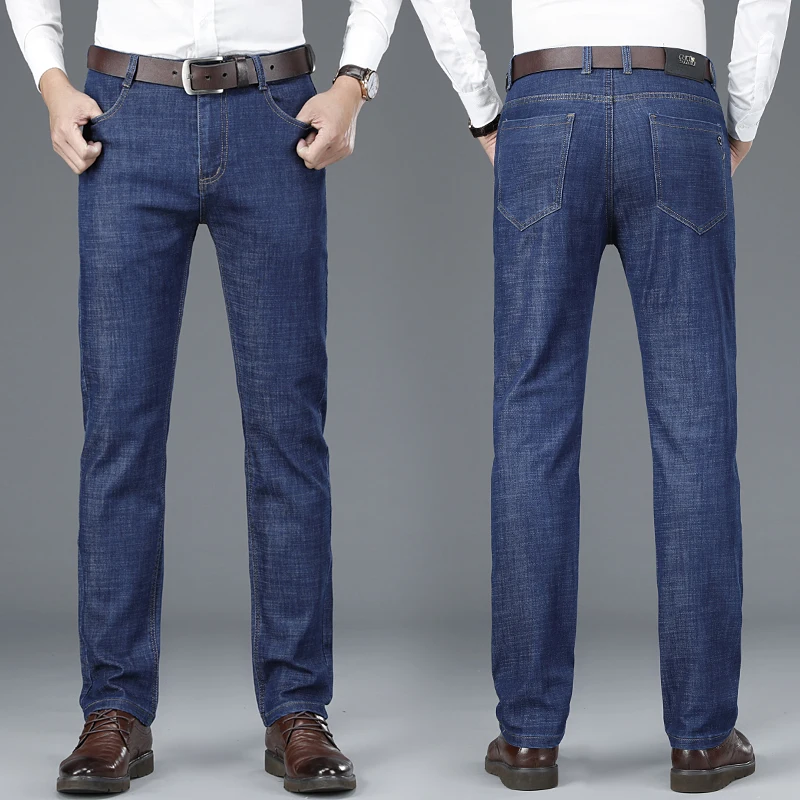 

2021 Spring New Men'S Stretch Slim Jeans Business Casual Style Straight Denim Trousers Classic Trend Brand Loose Long Pants Blue