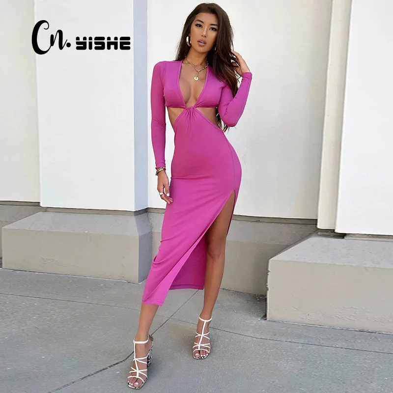 

CNYISHE Cut Out Long Sleeve Dress Women Backless Party Split Tight Maxi Dress Sexy Midnight Dresses Women Baddie Clothes Vestido