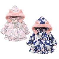 cute baby girl jacket winter plus velvet thick down jacket with ear cap cartoon cat print girls clothes childrens clothing coat
