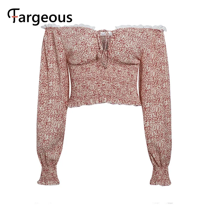 Винтажная женская блузка с цветочным принтом открытыми плечами весна 2020 модная