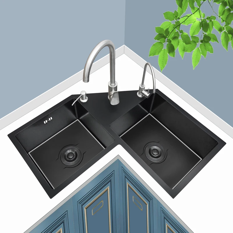 304 stainless steel special-shaped sink thickened black nano corner sink corner double trough kitchen corner sink