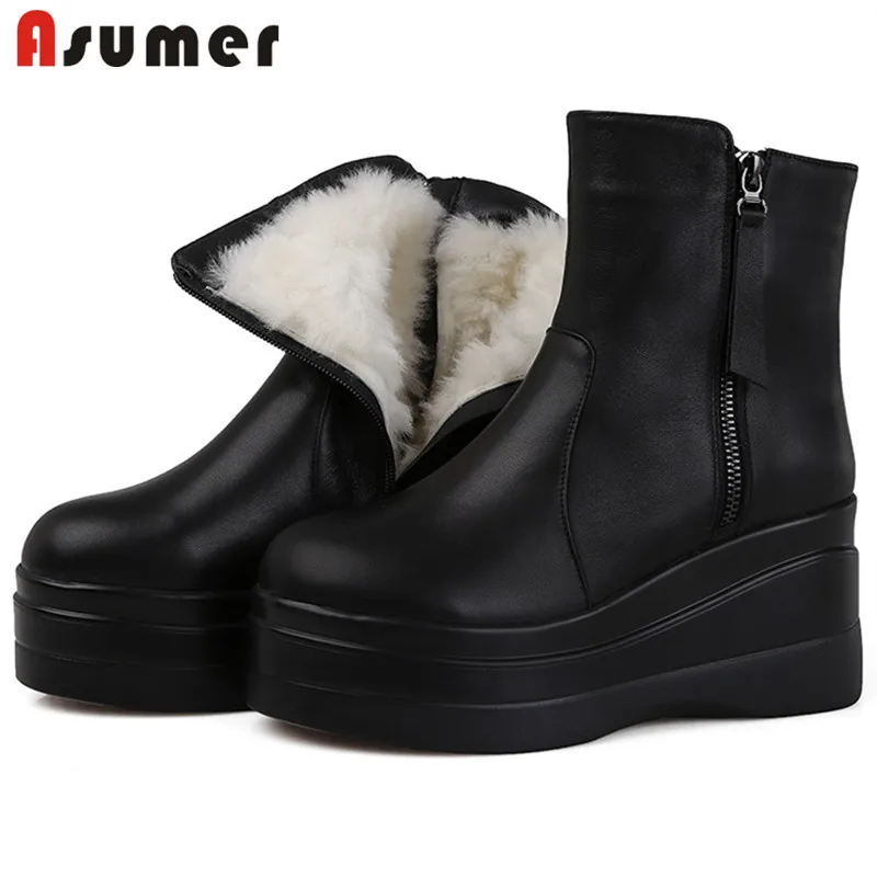 Женские ботильоны на танкетке ASUMER из натуральной кожи с круглым носком молнии