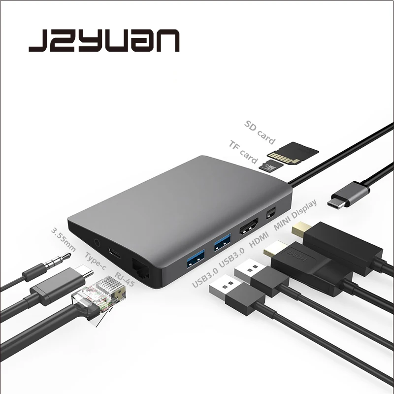 JZYuan USB C док станция для ноутбука Macbook Pro к HDMI Mini DP 4K RJ45 Gigabit LAN 3 0 Type PD Samsung