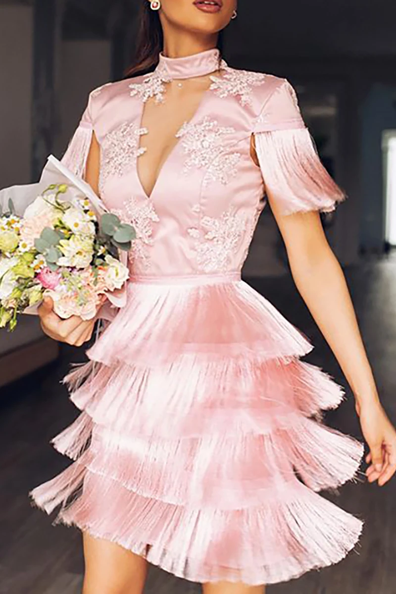 

Celebrity Temperament Evening Dress Tassel Lace Embroidered Round Neck Slim Bag Hip Bandage Dress