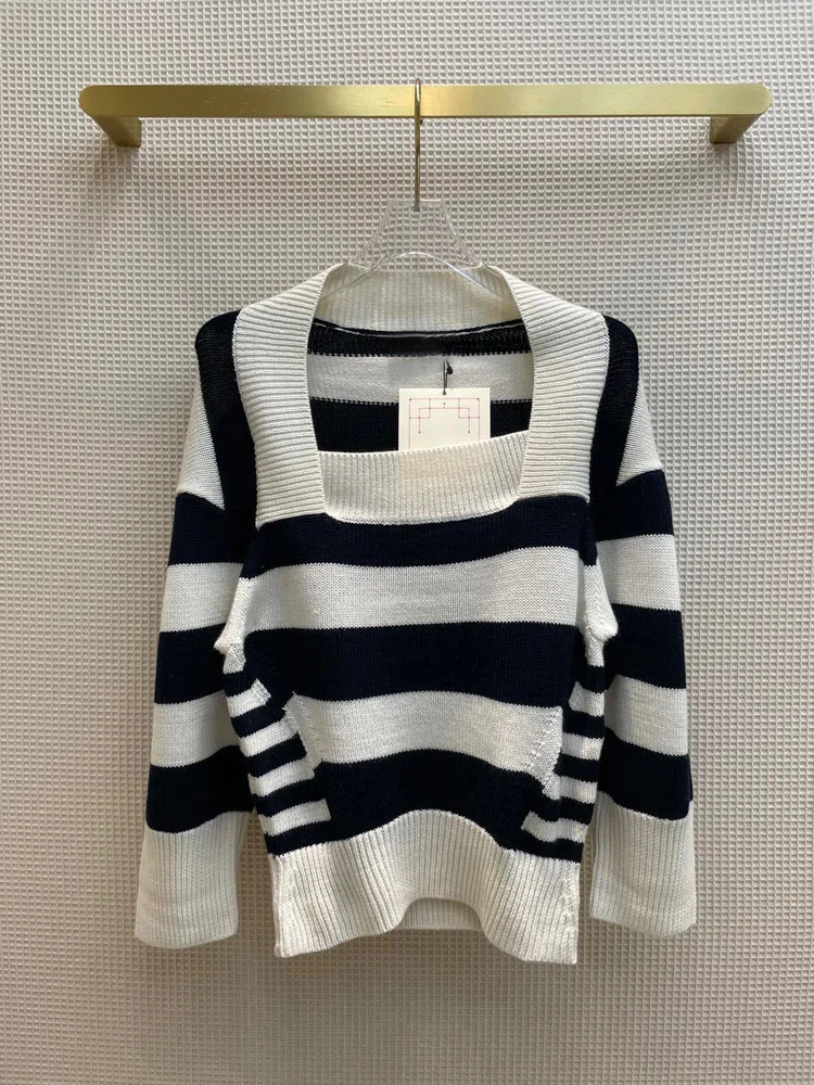 

Luxury Brand Black White Striped Pullovers Sweaters Women Autumn 2021 Top Quality Square Collar 70% Wool Pullovers Sweaters Lady