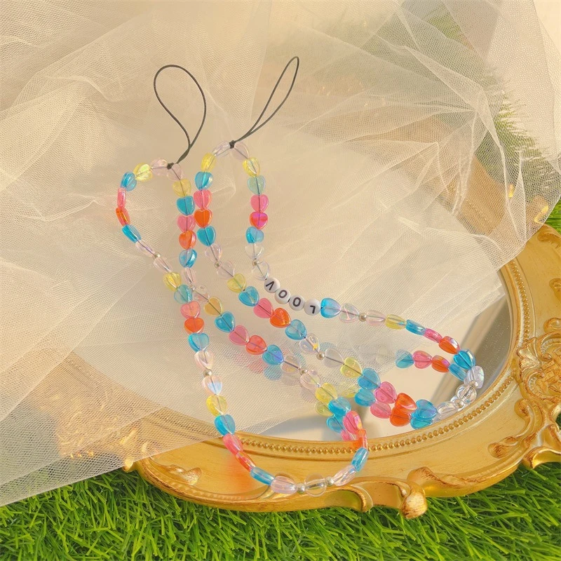 

Fresh Style Color Transparent Resin Love Heart-Shaped LOOV Letter Mobile Phone Chain Women's Anti-Lost Lanyard Jewelry Accessory
