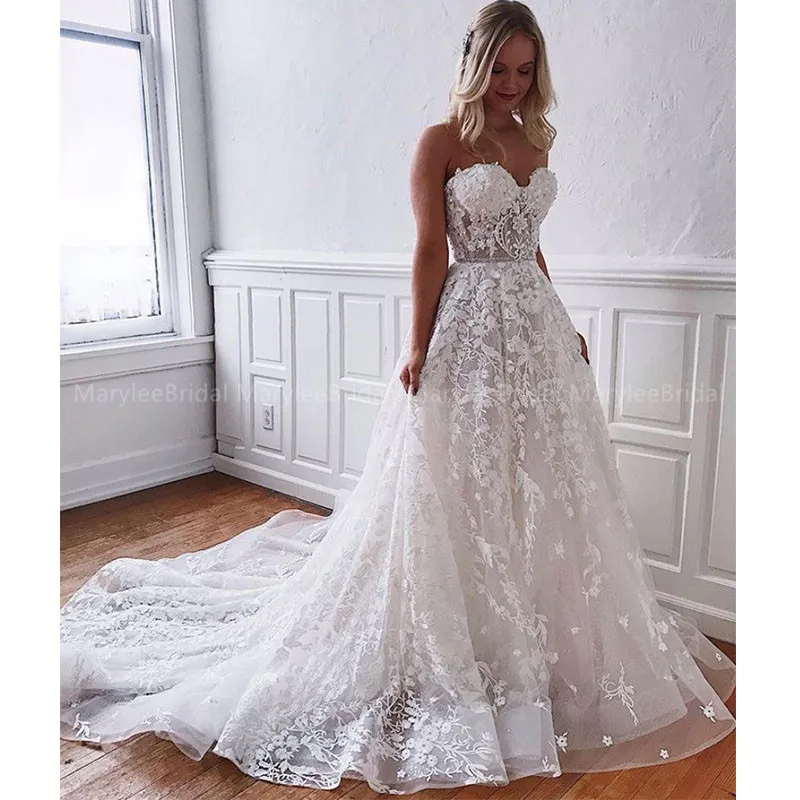Милая А силуэт Свадебные платья Кружева Иллюзия Аппликации Лиф невесты молния