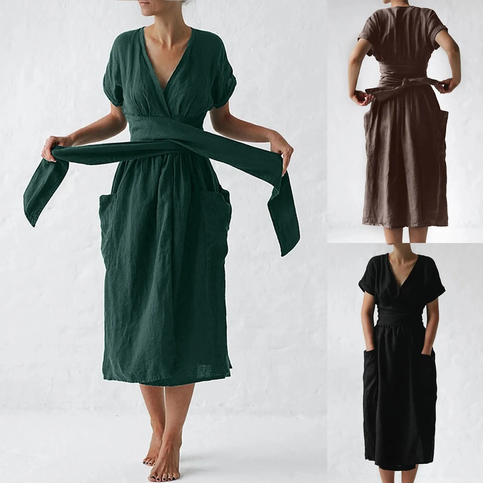 Женское винтажное платье из хлопка и льна повседневное однотонное с V-образным