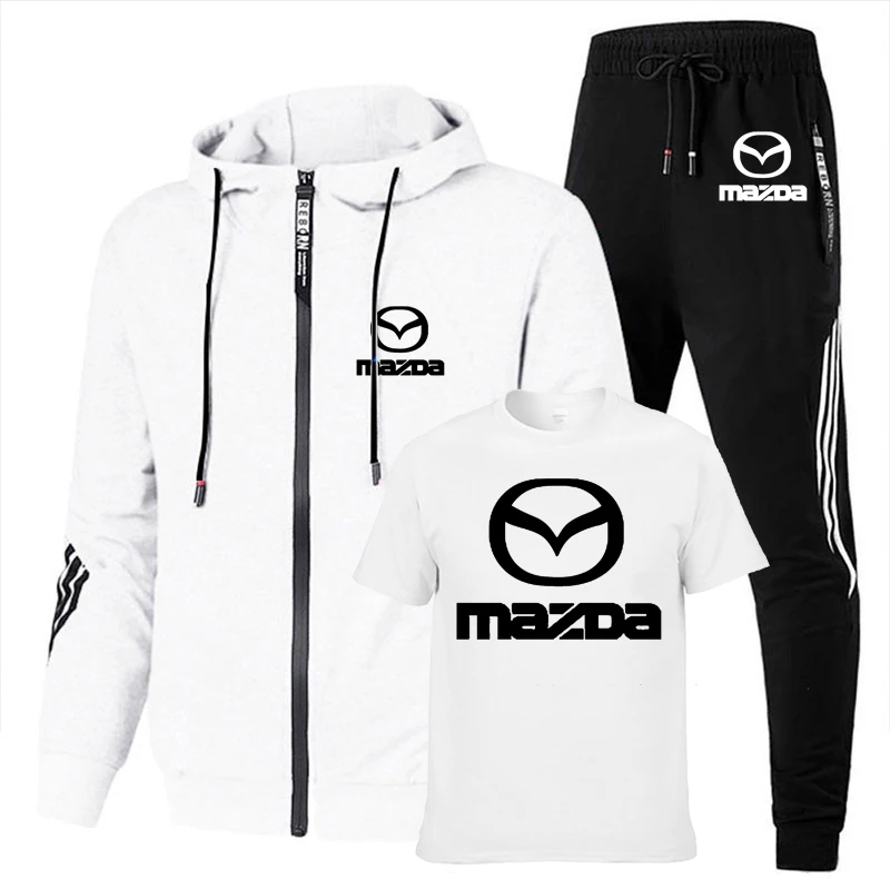 

Spring Autumn Men's hoodies Mazda Car Logo Printed cotton trend Solid color Men's sweatshirt+short sleeve+sweatpants 3-piece set