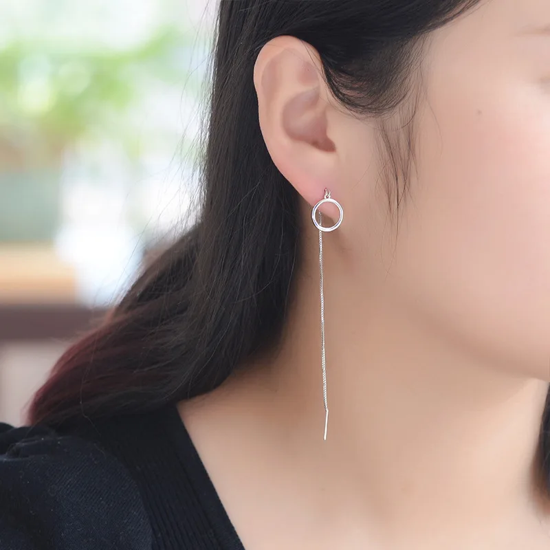 925 Sterling Silver Long Chain Earrings Simple Round Circle Tassel | Украшения и аксессуары