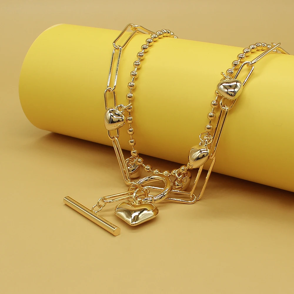 

Wholesale Double Layers Peach Heart Chunky Pendant Necklace Korean Link Chain Metal Sweater Chain Necklace For Women Men