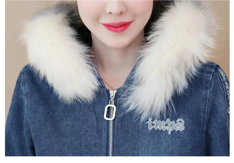 

New Women's Denim Thicken Warm Parkas Coats Female 2021 Winter Fashion Jean Coat Women Hooded Fur Collor Jackets Denim Outerwear