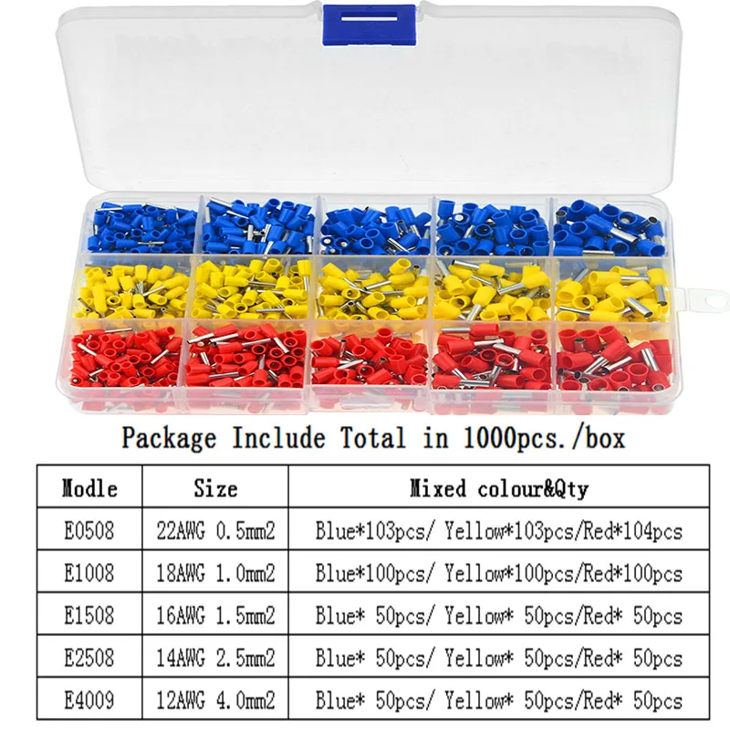 400/600/800/1000 штук в штучной упаковке Красочные трубчатый утепленная холодного отжима терминалы Контактный Терминал Наконечники комплект Conjunto De коннектора