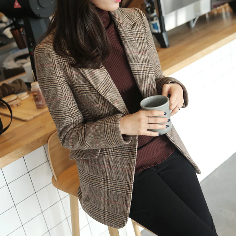 Женский прямой клетчатый костюм Повседневный шерстяной пиджак в стиле ретро