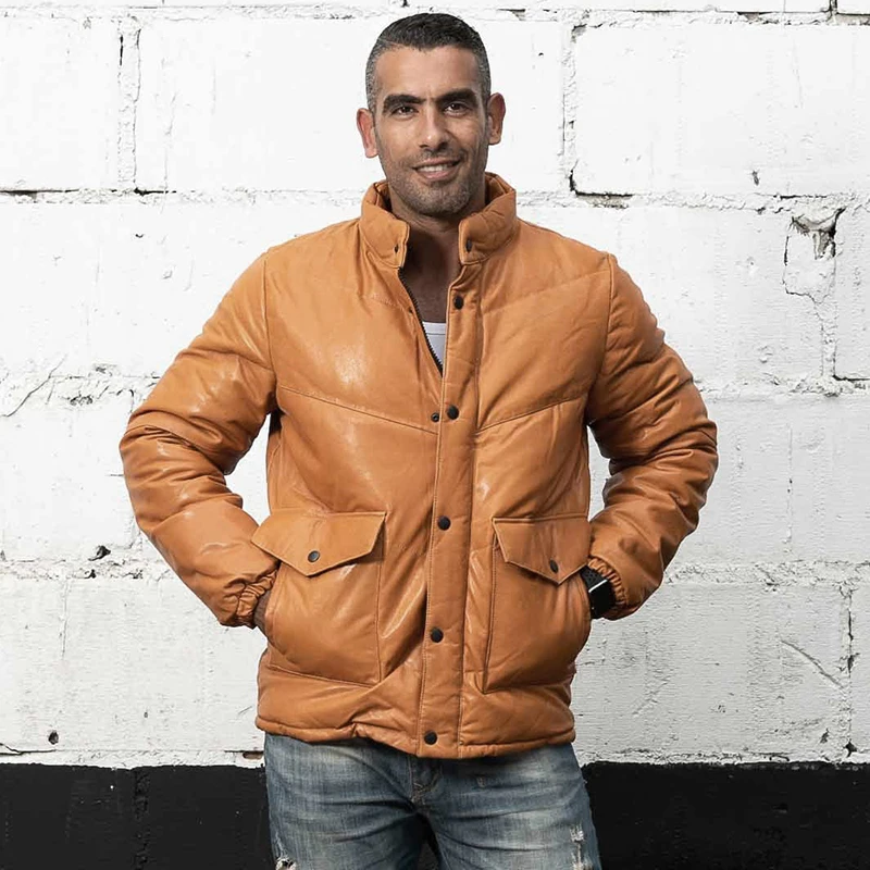 Куртка AVFLY из натуральной кожи с воротником-стойкой короткий толстый пуховик