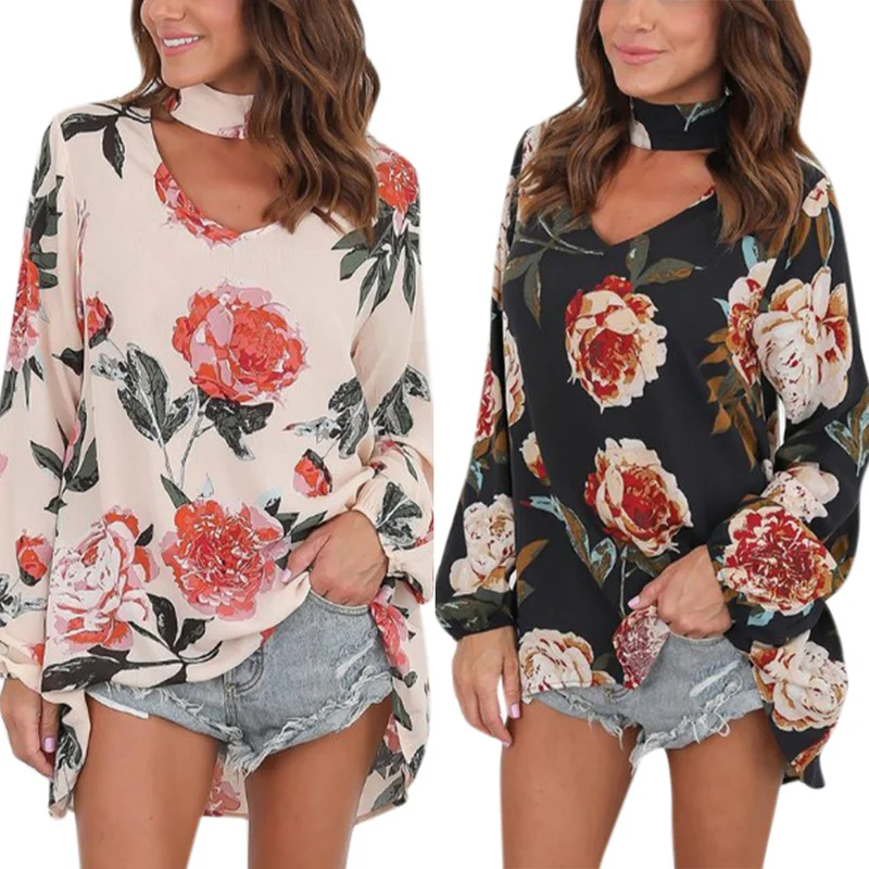 

2020 Autumn V Neck Shirts Tops Halter Womens Long Sleeve Chiffon Blusas Casual Loose Floral Printed Blouse
