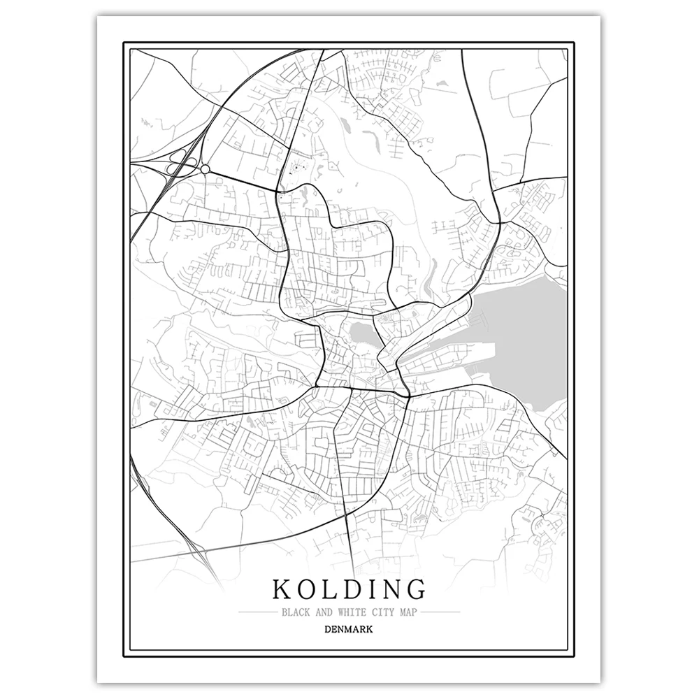 Kolding Дания черный белый мир Карта города плакат Скандинавская гостиная copenhen Odense настенные художественные картины Домашний декор холст живопись - Цвет: Kolding
