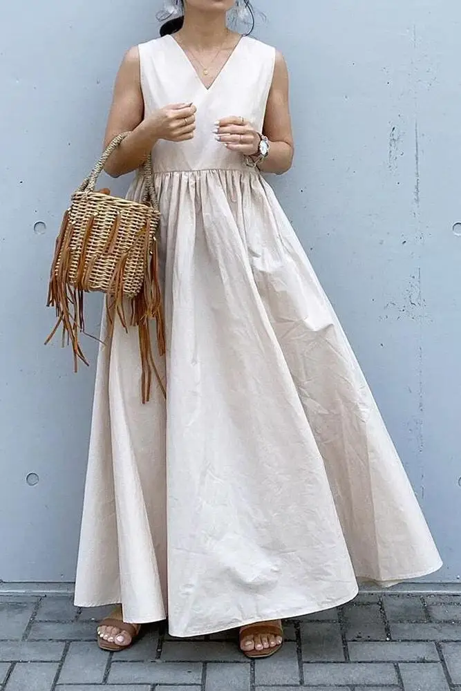 

COIGARSAM Solid Women dress Summer Sleeveless Loose High Waist V-Neck Dresses Black Brown Apricot 886