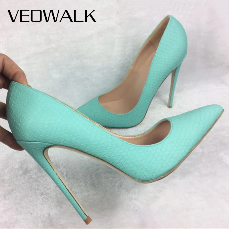 Veowalk Mint Green Croc-Effect Women Sexy Stiletto Pumps 8cm 10cm 12cm High Heel Pointed Toe Dress Shoes for Ladies Size 33 45