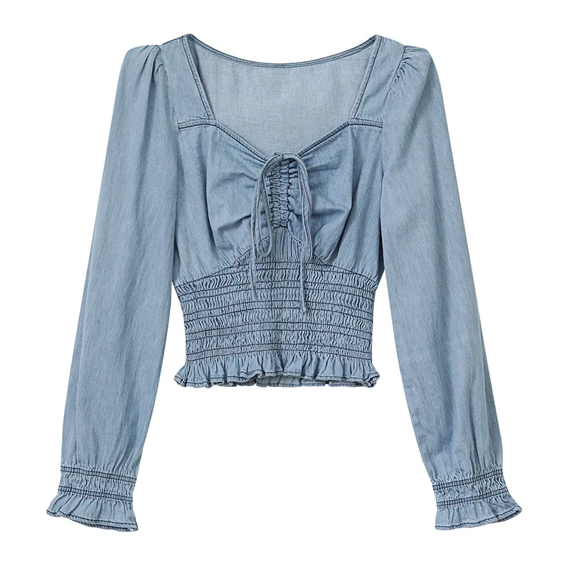 

TVVOVVIN Stylish 2021 Korean Spring New Slim Drawstring Long Sleeve Denim Top Stretch Short Edible Tree Fungus Shirt MF5K