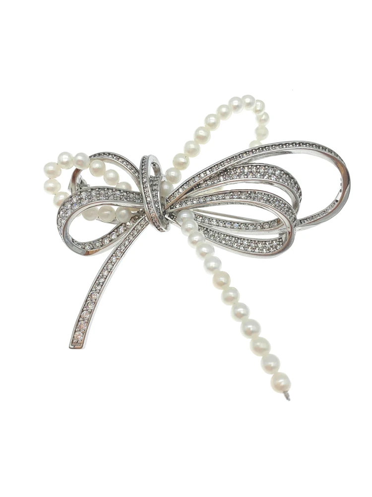 

Brooch 3.5-4mm White Freshwater Pearls with Cubic Zirconia Silver Bow For Women Girls Gifts