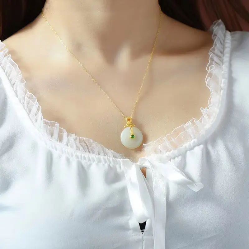 

New Silver Natural Hetian White Jade Necklace Pendant Peaceful Buckle Chinese Palace Style Vintage Craft Women's Brand Jewelry