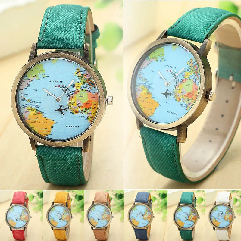 New Ladies Trend Wrist watches Fashion Global Travel By Plane Map Dial Analog Clock Women Dress watch Denim Fabric Band Relogio | Наручные