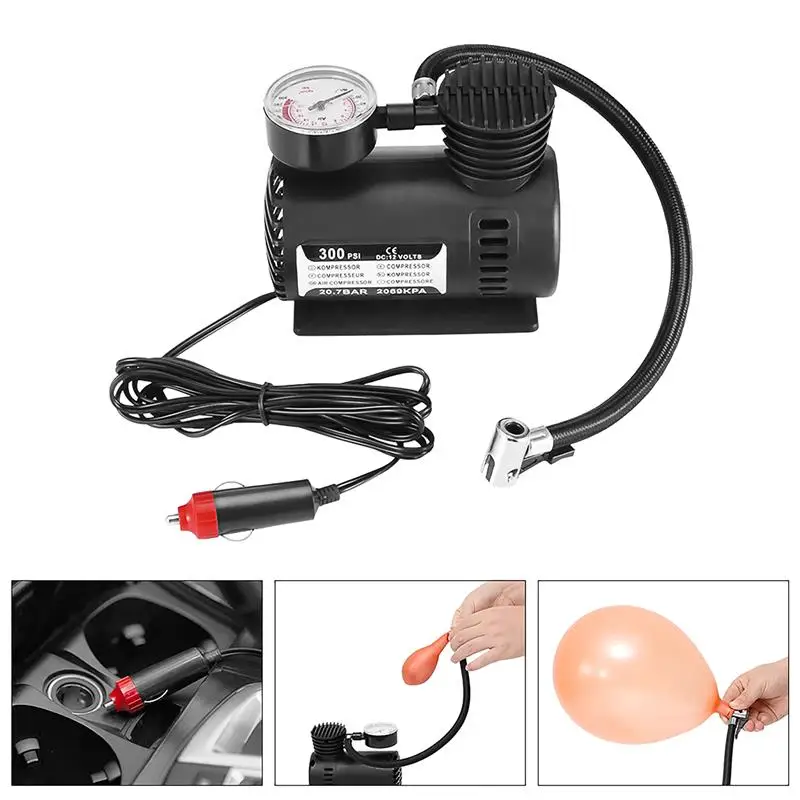 

Universal DC 12V 300PSI Car Tire Inflator Auto Air Compressor Tire Pump with Pressure Gauge for Car Bicycle Ball Rubber Dinghy