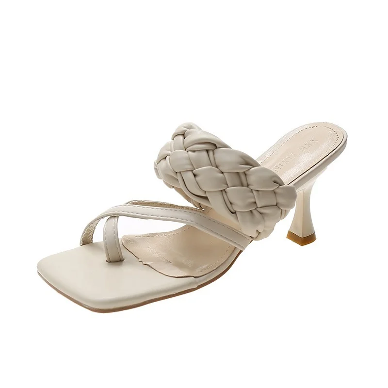 

Женские плетеные шлепанцы, сандалии с открытым носком, на высоком каблуке-шпильке, модные дизайнерские тапочки, обувь для выпускного вечера...