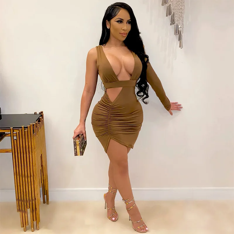 

Spring Summer Deep V-neck Hollow Out Long Sleeve Irregular Mini Dress For Women Night Club Party High-waist Pleated Sexy Dress