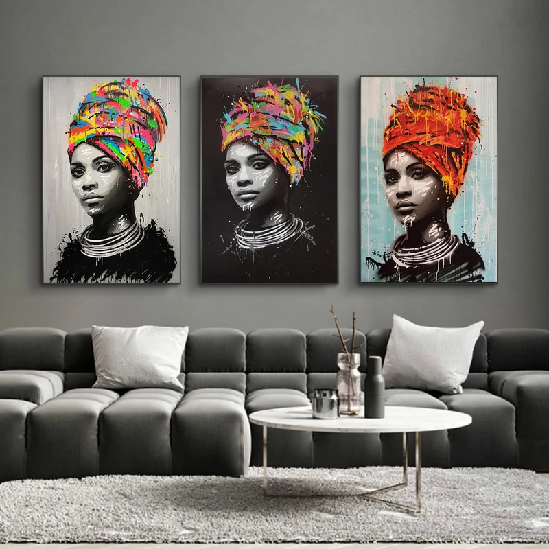 

Black White African Woman Graffiti Canvas Painting Moder Abstract Posters and Prints Wall Art Picture for Living Room Decor