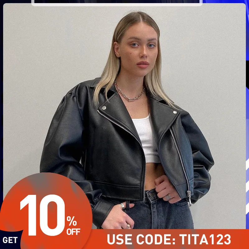 

Women Basic Long Sleeve PU Leather Zipper Jacket 2021 Autumn Streetwear Black Women Cropped Jacket Vintage 90s Punk Outfits