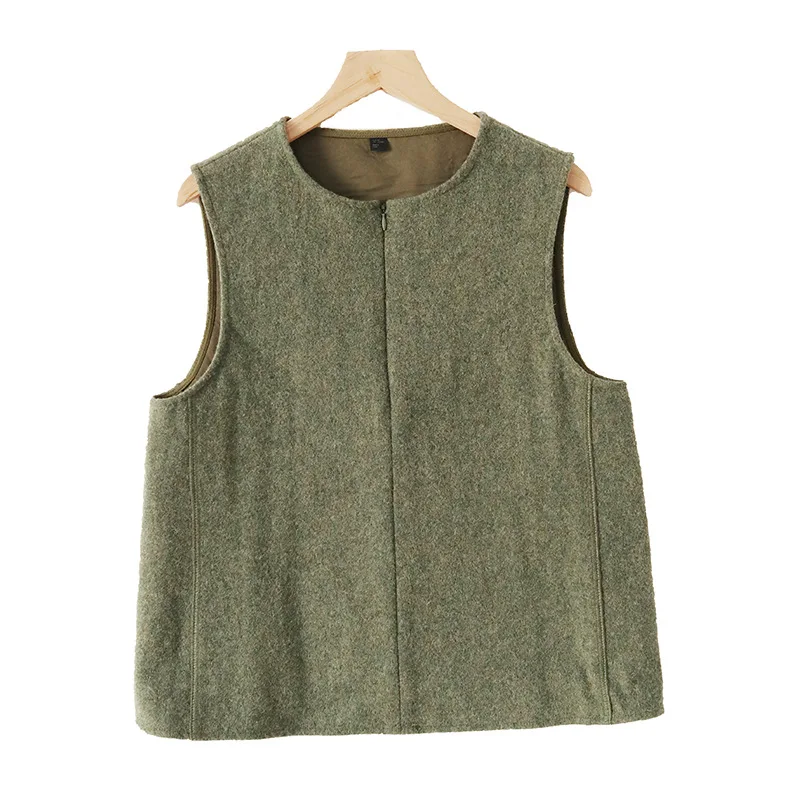 

2021 Women Vests Autumn New Khaki Green Sleeveless Wool Blend Vest Fashion All-match Woolen Women