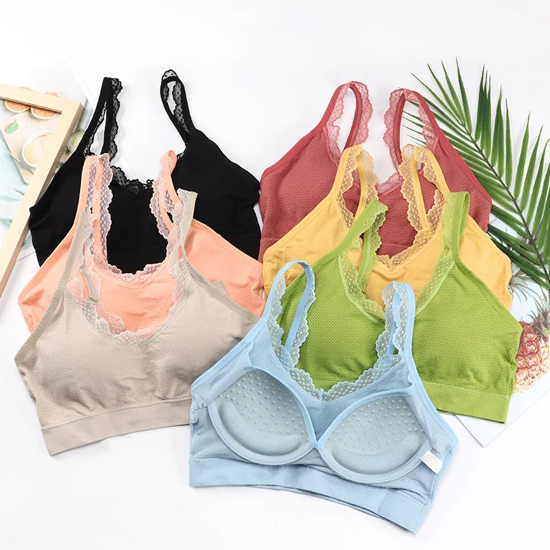 Новая бесшовная кружевная кофта-топ с фиксированной чашкой на груди красивая